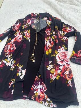 Mccoy Black Floral Accent Top with Pink and Yellow Roses